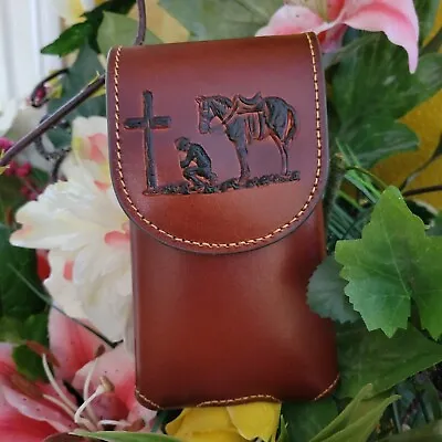 Montana West Praying Cowboy Belt Loop Phone Holster Brown Sz Medium  Genuine Lth • $39