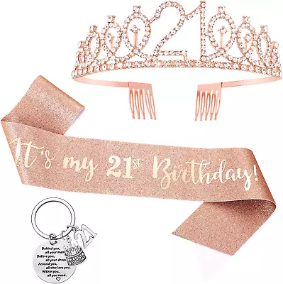 21st Birthday Sash And Crown Tiara Keychain For Girls Rose Gold  • £10.84