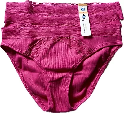 Marks & Spencer Cotton Lace Briefs 3 Pack Raspberry Red Pink Fuchsia S • £7.98