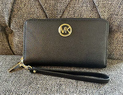 Michael Kors Fulton Black Large Flat Mf Phone Case Wallet Wristlet Leather NWT • $43.90