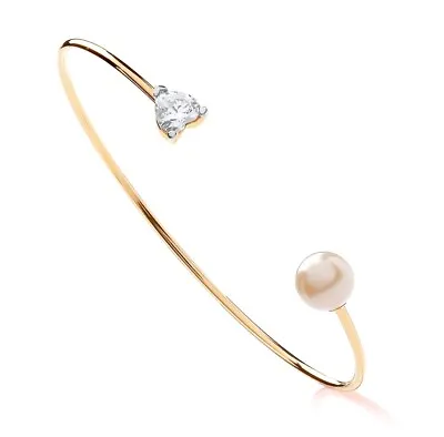 9ct Yellow Gold On Silver Pearl & CZ Heart Ladies SOLID Torque Bangle Bracelet • £17.95