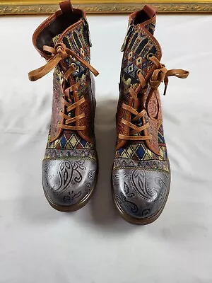 $65 • Buy Socofy Leather Printing Floral Zip Ankle Booties Women’s Size EU 40