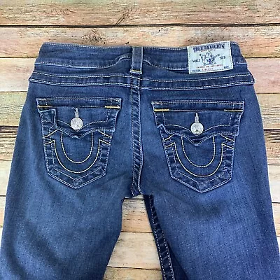 True Religion Womens Size 27 Dark Blue Wash Straight Leg Flap Pockets Denim Jean • $15.99