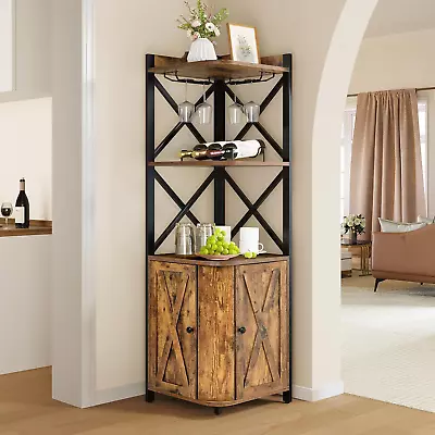 Corner Bar Cabinet With Glass & Wine Holder Industrial Corner Shelf With Wine S • $158.99