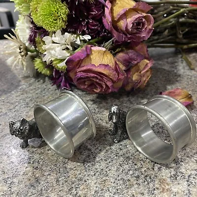 2 Vintage Pewter Silver Napkin Rings 1 Dog 1 Cat Rare • $28