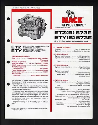 Mack Trucks Etz[b] & Etz[y] 673e Engines 4 Page Specifications Brochure 10/78 • $17.81