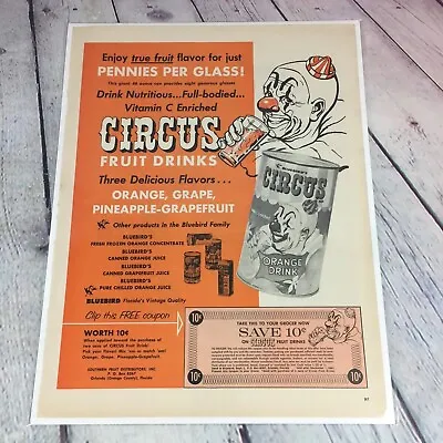 Vintage 1963 Circus Fruit Drinks Print Ad Clowns Coupon  Magazine Page Paper • $10.49