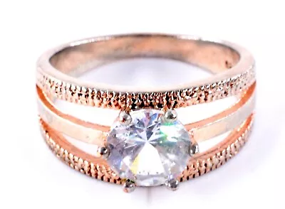 Silver Hallmarked Pink Gold Coloured Ring With Clear Stone Size P • £19.95