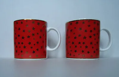 Vintage M&S Large Christmas Mugs Set X2 Red Gold Stars White Marks & Spencer #1 • £8.99