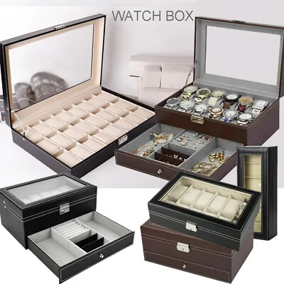 Mens 6 10 12 24 Grid Pu Leather Watch Display Case Collection Storage Holder Box • £8.97