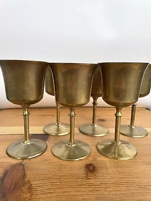 Vintage Fluted Brass Goblet Set Of 6 Brass Wine Glasses Patina 5x3 • $40