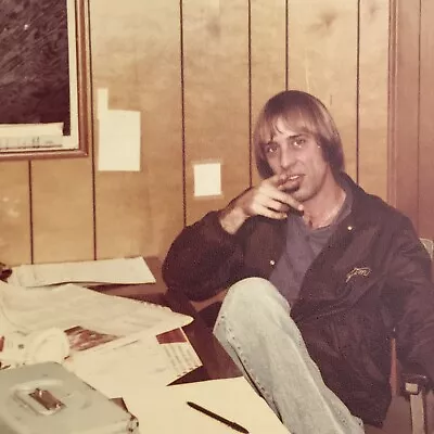 Vintage Color Photo Man Sitting Desk Papers Office Pointing Working Work • $6.69