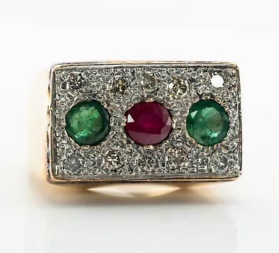 Mens Emerald Diamond Ruby Ring Vintage 14K Gold Band • $5250