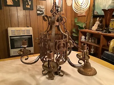 Antique SCROLL Iron GOTHIC 5 Light CHANDELIER Hanging Repair • $65