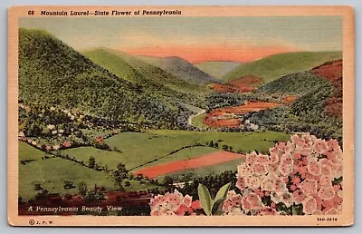 Mountain Laurel State Flower Pennsylvania PA Sunset Linen PC UNP VTG • $7.99