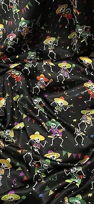 Black Multicoloured Mexican Skeleton Print Satin Fabric 58''PRICE PER METER • £4.99