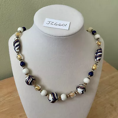 Vintage 1993 Gold Navy Blue Ivory Venetian Glass Bead Necklace 20  • $60