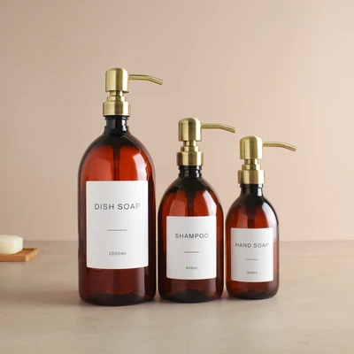 £7.99 • Buy Amber Plastic Labelled Bottle With Gold/Brass Dispenser Pump For Soap/Shampoo