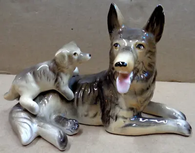 Vtg VIMAX CREATION Japan GERMAN SHEPHERD Dog & Puppy Figurine 6 3/4  L X 4  H • $19.99