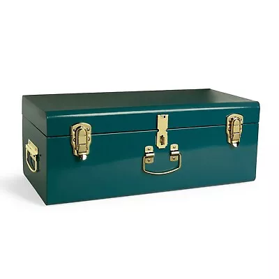 Beautify Storage Trunk Teal Metal Gold Hardware Stackable Vintage Lockable Chest • £49.99