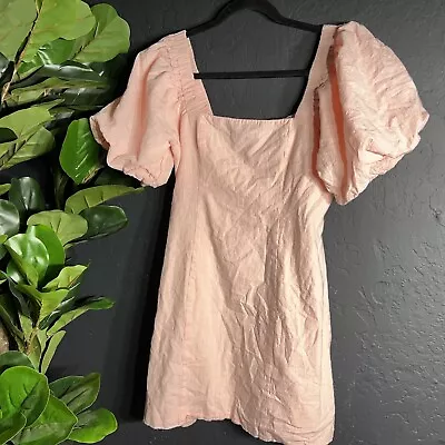 SNDYS. Tuscany Linen Mini Dress Large Baby Pink Puff Sleeve Revolve Summer Lined • $25