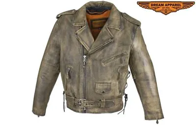 Men's Motorcycle Distressed Brown  Naked Cowhide Leather Biker Side Laces Jacket • $127.49