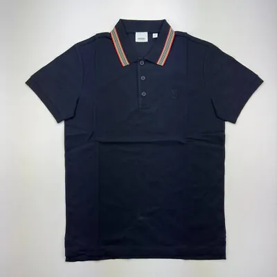 BURBERRY Men Icon Stripe Collar Polo Shirt T-Shirt Navy Blue • $185