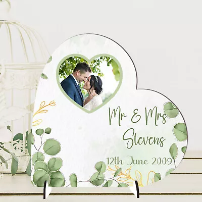 Personalised Wooden Wedding Heart Photo Plaque Gift/Mr & Mrs/10 Colour Choices! • £5.99