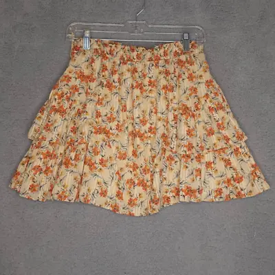 Minkpink Womens Flare Skirt Yellow Floral Above Knee Stretch Tiers Pull On L New • $10.79