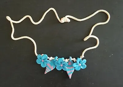 Vintage Inspired NECKLACE  BLUE FLOWERS And PINK And BLUE LEAVES  76cm Long • $15
