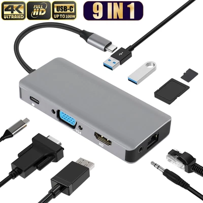 $21.99 • Buy 9 In 1 Multiport USB-C HUB To 4K HDMI VGA USB 3.0 Adapter For PC Laptop Macbook