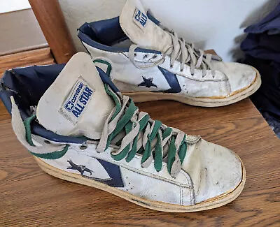 Converse Vintage 1980's All-Star White Leather Blue Trim High Top Men’s Size 9.5 • $24.99