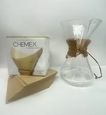 Vtg CHEMEX Pour Over Coffee Maker Pyrex Glass Green Stamp 8- Cup Wood Collar • $35