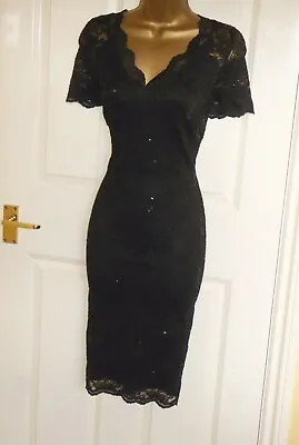 Black Stretch Lace Sequin Vintage 40s Pencil Wiggle Evening Party Dress Size 14 • $31.57