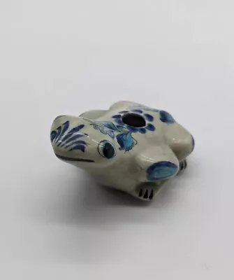 Mexican Tonala Folk Art Pottery Frog Hand Painted In Blue Signed Flower Vase • $18.95