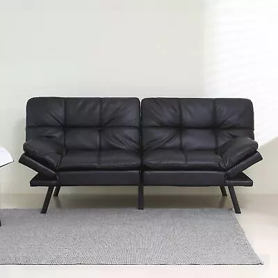 Black PU Memory Foam Futon Sofa Bed Couch Sleeper Convertible Foldable Loveseat • $270.84