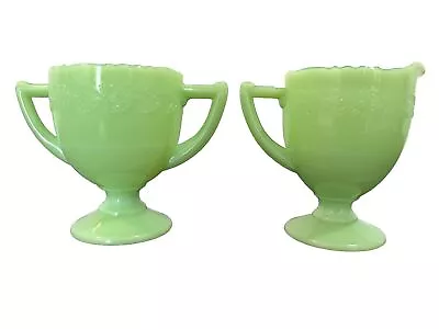 McKee Jadeite Green Laurel Pattern Footed Creamer & Sugar Bowl Set Vintage Rare • $145