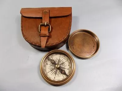 Authentic Vintage Brass Pocket Compass With Leather Case Rustic Vintage Home • $20.19