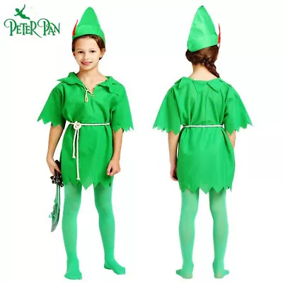 Peter Pan Robin Hood Kids Lost Boys Girls Fancy Dress Costume FREE GREEN TIGHTS • $36.29