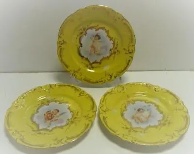 1891-1918 AUSTRIA CARLSBAD VICTORIA  3 PLATES Yellow Color LOTS Of GOLD CHERUBS • $15