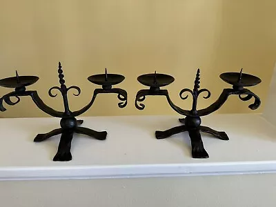 Pair Hand Forged Cast Iron Candelabras Spanish Mission Viking Core Gothic Chic • $30