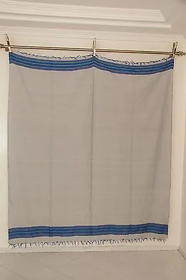 MOROCCAN HANDWOVEN THROW BLANKET - White And Blue - Cotton Blend  7 X 6.5 • $85