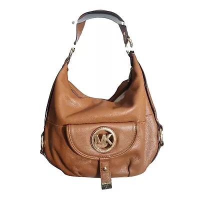 Michael Kors Pebbled Leather Hobo Bag Fulton Brown Logo Flap Pocket • $45