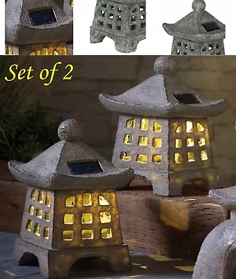 Garden Solar Ornaments Buddha Chinese Pagodas Japanese Lantern Grey • £32.93