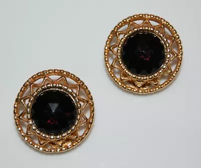 Vtg 80's Sarah Coventry Golden Round Black Crystal Baroque Style Clip Earrings • $19.75