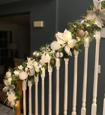 White Holiday Poinsettia Pre Lit Garland Silver  White  Gold 9 Ft Decorated • $99