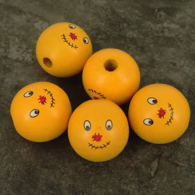 Pack 10  Wooden Orange Scarecrow Face Doll Head Beads 28 Mm Faces  WH8 • £6.99