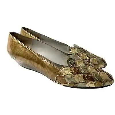VTG Margaret Jerrold Metallic Gold Bronze Silver Peacock Feathers Heels Size 6 • $20