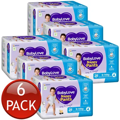 $468.80 • Buy 6 X Babylove Nappy Pants Size 4 Toddler 9-14Kg Unisex Disposable Nappies 28 Pack