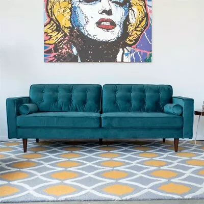 Harriet Mid-Century Modern Tufted Back Velvet Sofa In Turquoise • $825.99